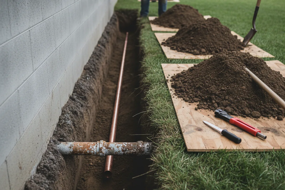 Excavated water line trench during Water Softener Installation in Waban